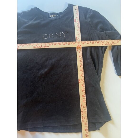 Vintage 90s DKNY rhinestone logo 3/4 sleeve black tshirt 1X retro classic - Picture 5 of 8